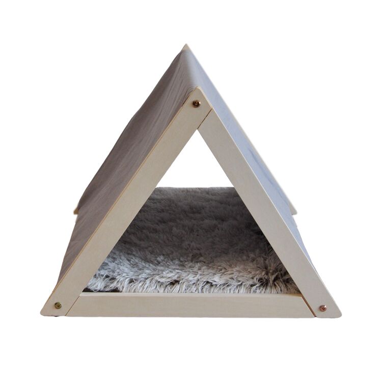 Modern Triangular Wooden Pet Bed with Soft Tent Design