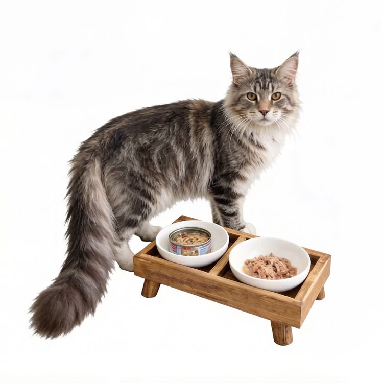 Minimalist Elevated Solid Wood Double Pet Feeder with Ceramic Bowls - Image 3
