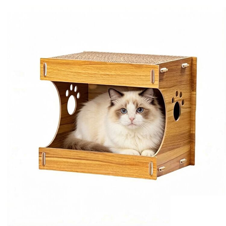 2-in-1 Wooden Cat House with Corrugated Scratcher Roof